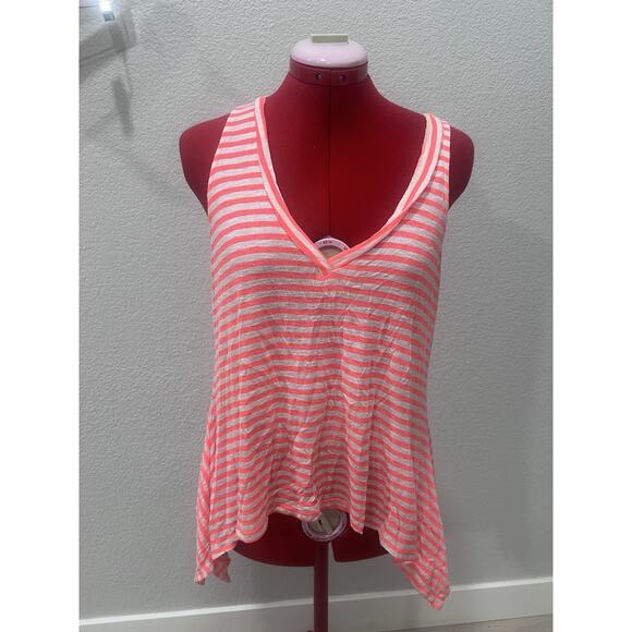 Striped Tank Top V Neck Sleeveless Casual Summer Beach Coral White - Picture 1 of 6
